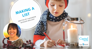 child writing letter to santa with text "Making a List by CapitalMOM blogger Mallory"