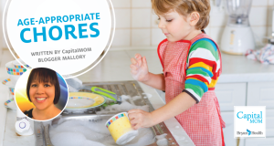 "Age-Appropriate Chores by CapitalMOM Blogger Mallory" with photo of child washing dishes