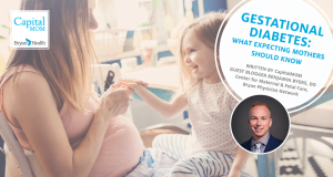 "Gestational Diabetes: What Expectant Mothers Should Know" with image of pregnant woman playing with young daughter