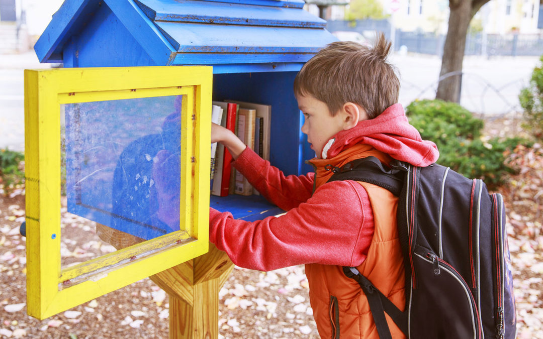little boy getting books from free library book box