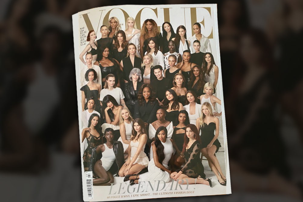 British Vogue Magazine with 40 women on the cover, including Adwoa Aboah, Adut Akech, Simone Ashley, Victoria Beckham, Selma Blair, Naomi Campbell, Vittoria Ceretti, Gemma Chan, Jodie Comer, Laverne Cox, Cindy Crawford, Miley Cyrus, Ariana Debose, Cara Delevingne, Jourdan Dunn, and more.