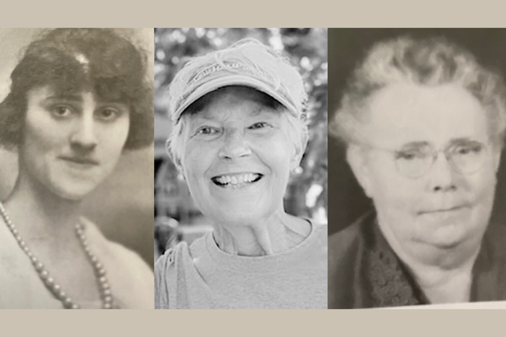 Three black and white photos of Nancy Becker in the middle and her two grandmother's on her left and right