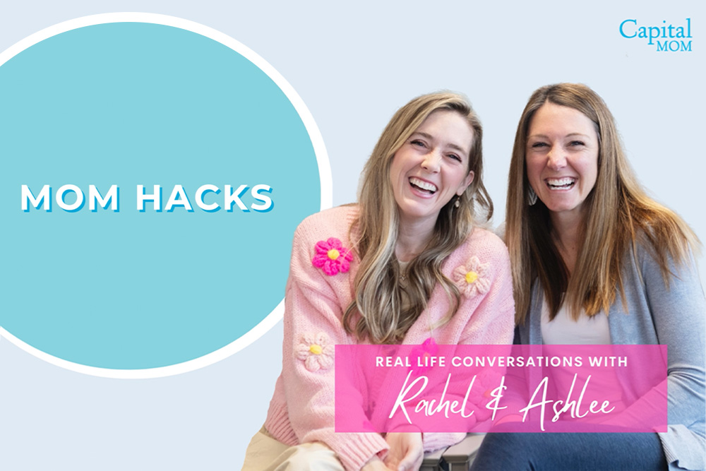 Graphic of two women sitting side by side, Rachel and Ashlee, with text that says "Mom Hacks"